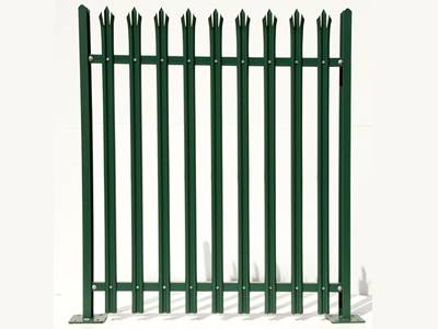 9 W-section with triple point head pales combine with 2 posts and 2 rails and form a green PVC coated palisade fencing panel.