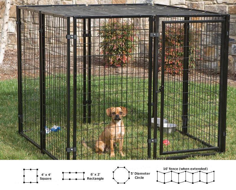 A square pen with a dog inside. The picture in bottom shows panels shaped into 4 figures: circle, fence, square, rectangle.